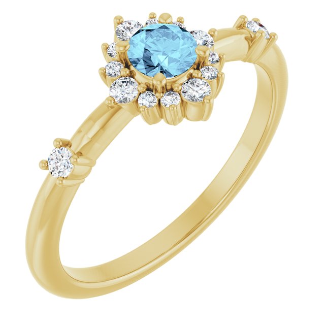 14K Yellow Natural Aquamarine & 1/6 CTW Natural Diamond Halo-Style Ring 
